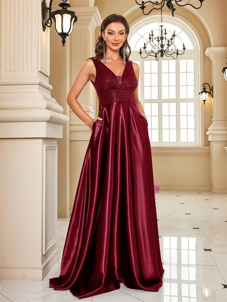 Elegant Sequins V-Back Satin Formal Evening Dress Gown