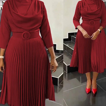Dark Blue Pleated Midi Office Dress – Elegant Workwear Belted Dress with Waist Detail