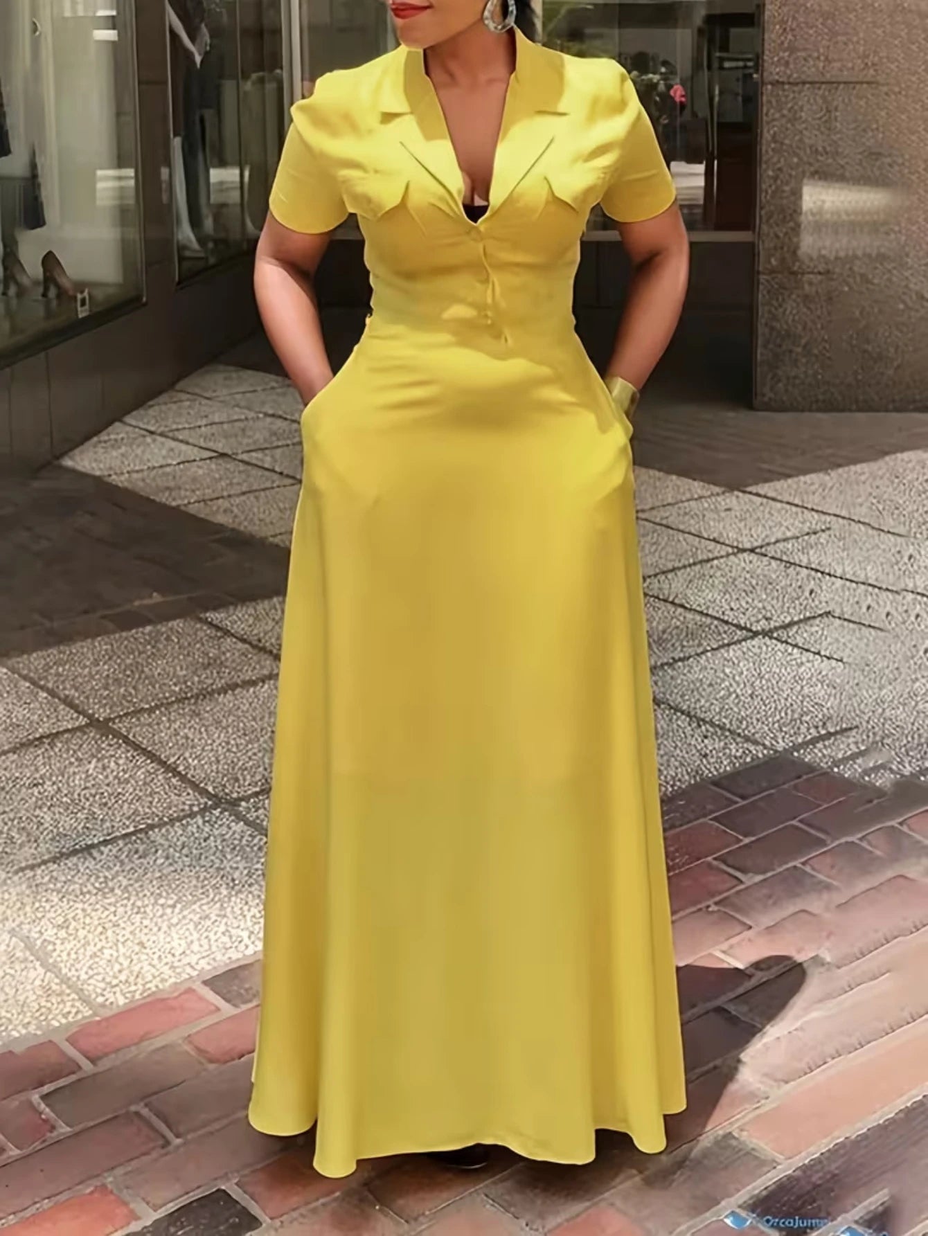 Yellow Lapel Collar Button Maxi Dress With Pockets