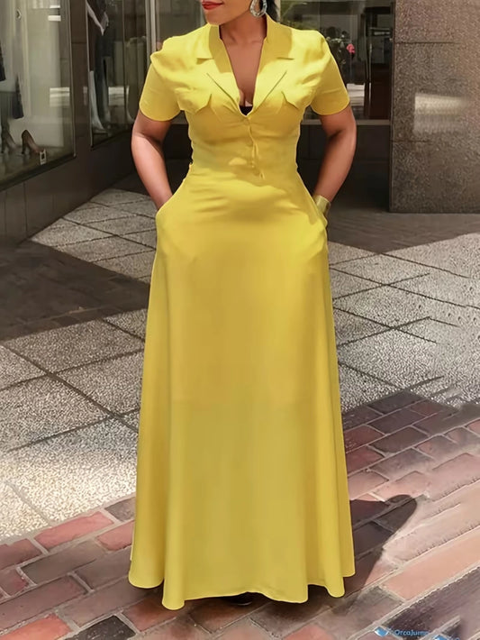 Yellow Lapel Collar Button Maxi Dress With Pockets