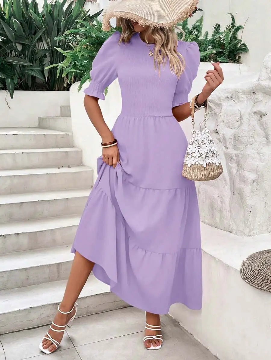 Olive Green Flowy Puff Sleeve Tiered Dress