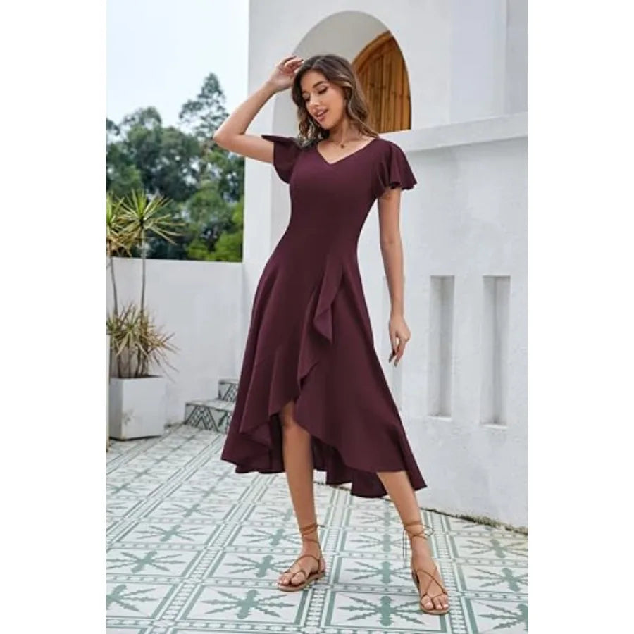 Burgundy V-Neck Hi-Lo Formal Dress