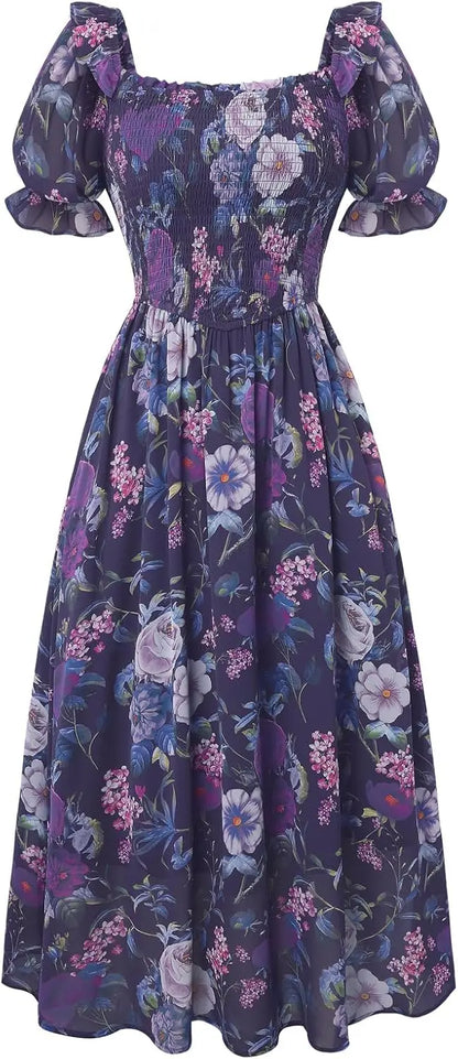 Floral Puff Sleeve A-Line Summer Dress