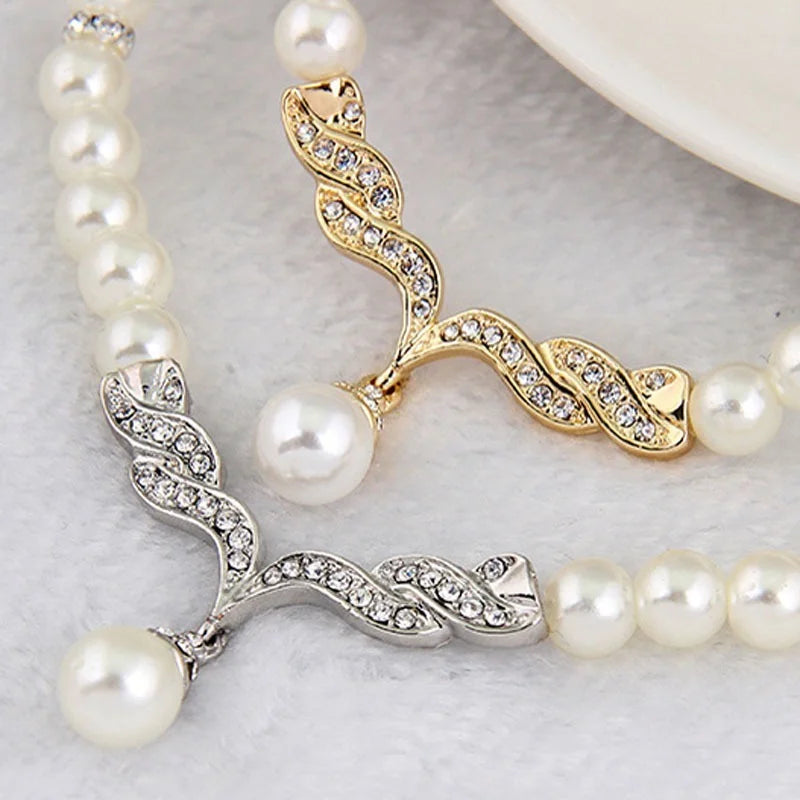 Pearl Jewelry Set Necklace Earrings Wedding  Gold Color