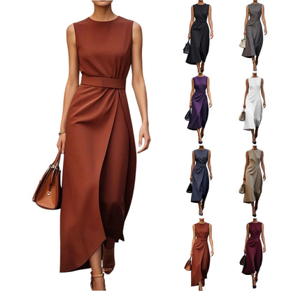 Casual Round Neck Sleeveless Dress With Belt