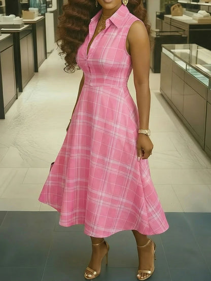 Womens Yellow Plaid Sleeveless Lapel Collar Midi Dress