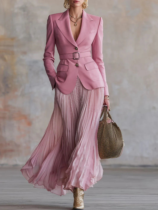 Women Pink Blazer Belted Pleated Midi Skirt Set