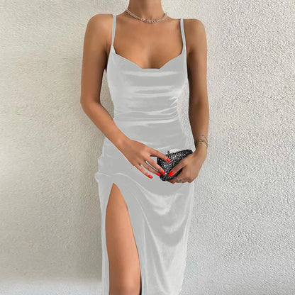Elegant Velvet Slit Midi Dress, Evening Party