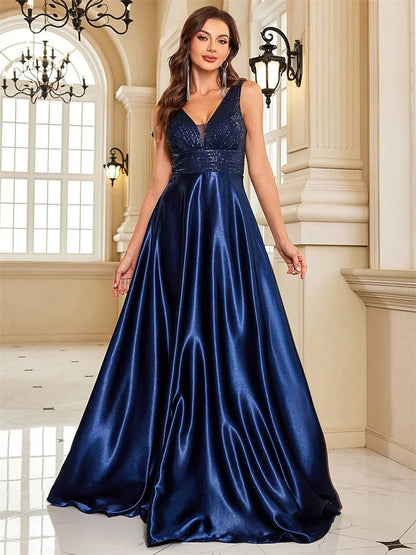 Elegant Sequins V-Back Satin Formal Evening Dress Gown