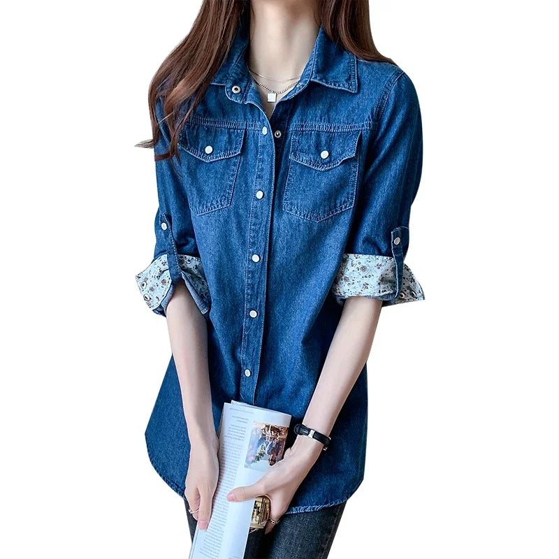 Women's Loose Denim Shirt, Long Sleeves, Long Length