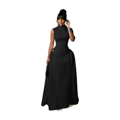 Red High Neck Flared Maxi Formal Dress