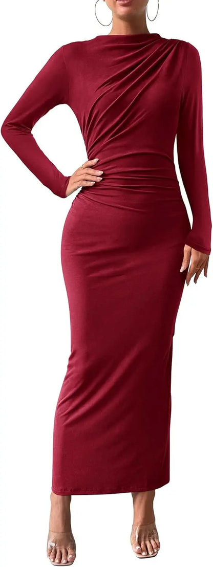 Elegant Ruched Long Sleeve Maxi Dress