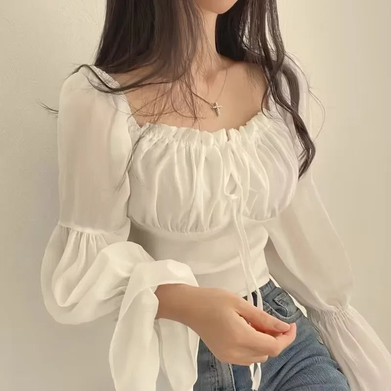 Square Collar Chiffon Blouse Waist-Fitted For Women