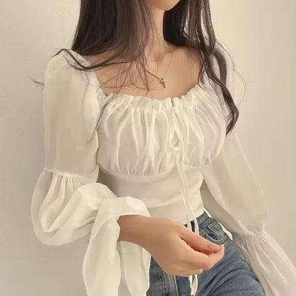 Square Collar Chiffon Blouse Waist-Fitted For Women