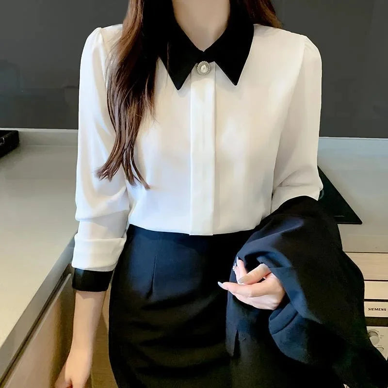 Women Blouses Casual Long Sleeve Turn-down Collar