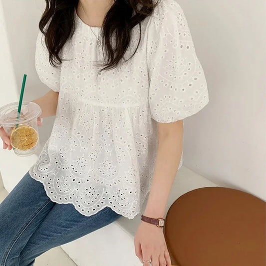 Embroidery Casual Loose Shirts Puff Sleeve Blouse