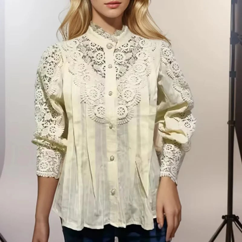French Style Women Office Blouse  Lace Stand Collar