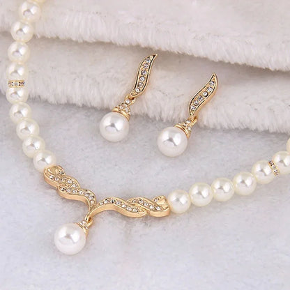 Pearl Jewelry Set Necklace Earrings Wedding  Gold Color