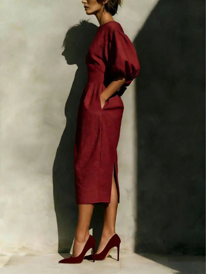 Elegant Red Midi Dress with Side Pockets