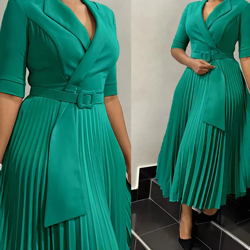 Elegant Office Dress Half Sleeve Belted Midi