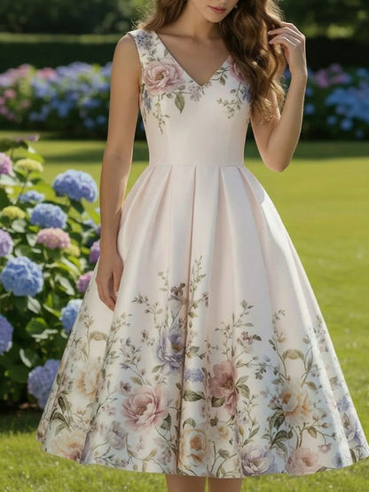 Womens Floral Print Pleated Swing Midi Dress