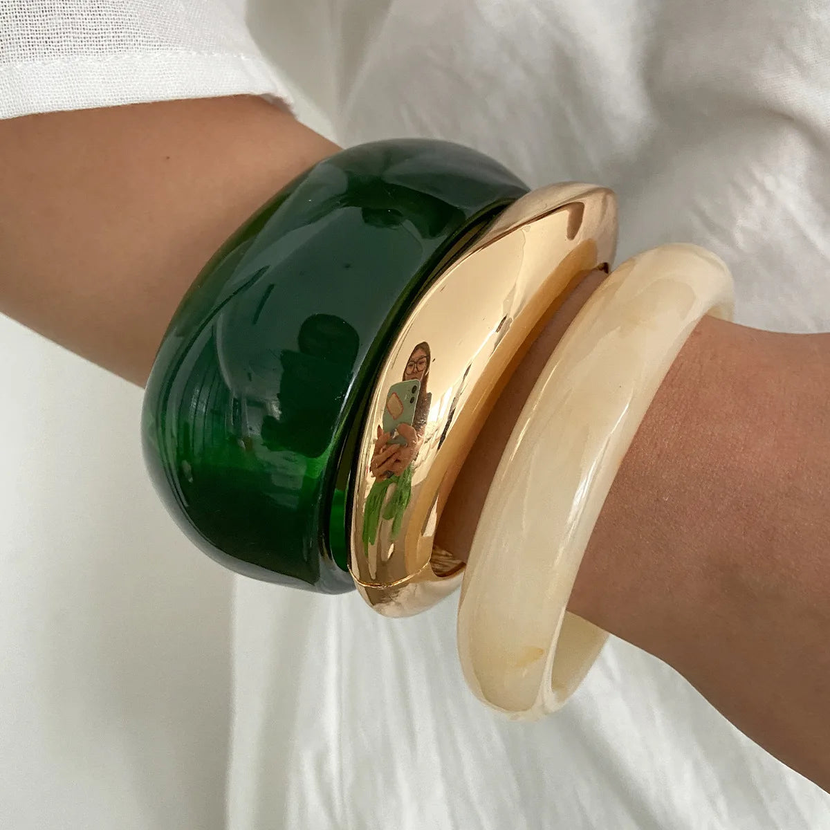 Green Resin Acrylic Irregular Wide Bangle Bracelet