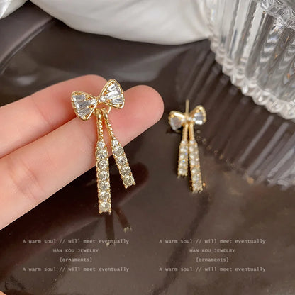 Gold Color Rhinestone Bow Stud Earrings For Women