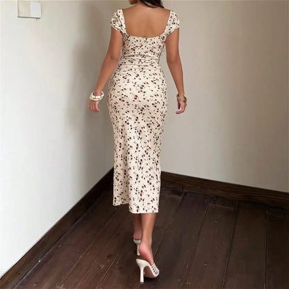 Elegant Summer Floral Color-Block Lace Trim Midi Dress