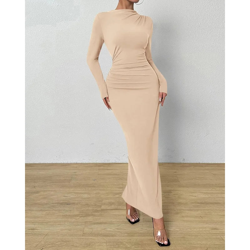 Elegant Ruched Long Sleeve Maxi Dress