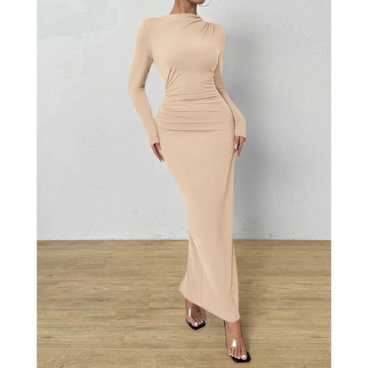 Elegant Ruched Long Sleeve Maxi Dress