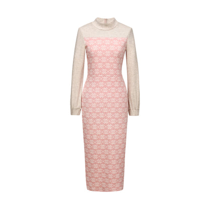 Fashion Stretch  Elegant High Neck Geometric Print Slim-fit Dress