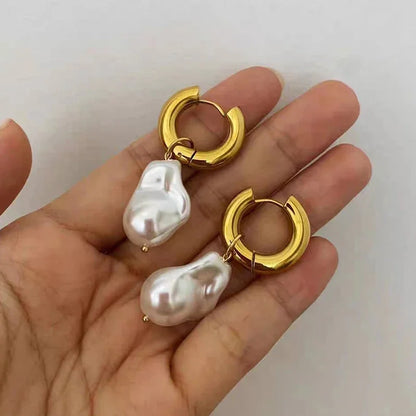 Pearl Earrings Gold Color Round Ear clip Dangle