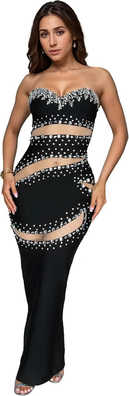 Women's See Through Sequined Rhinestone Dress