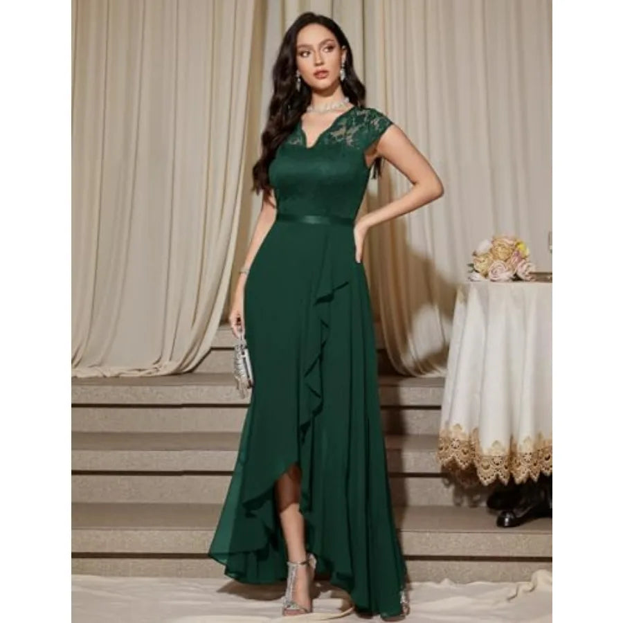 Women's V-Neck Floral Lace Hi-Lo Dress Wedding Guest