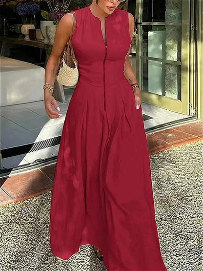 Red Linen Sleeveless Pleated Maxi Dress With Pockets