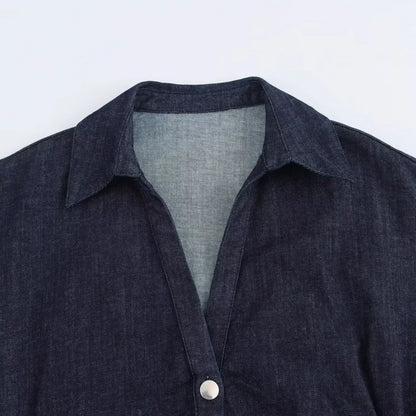 Elegant denim with lapel wrinkle waist dress