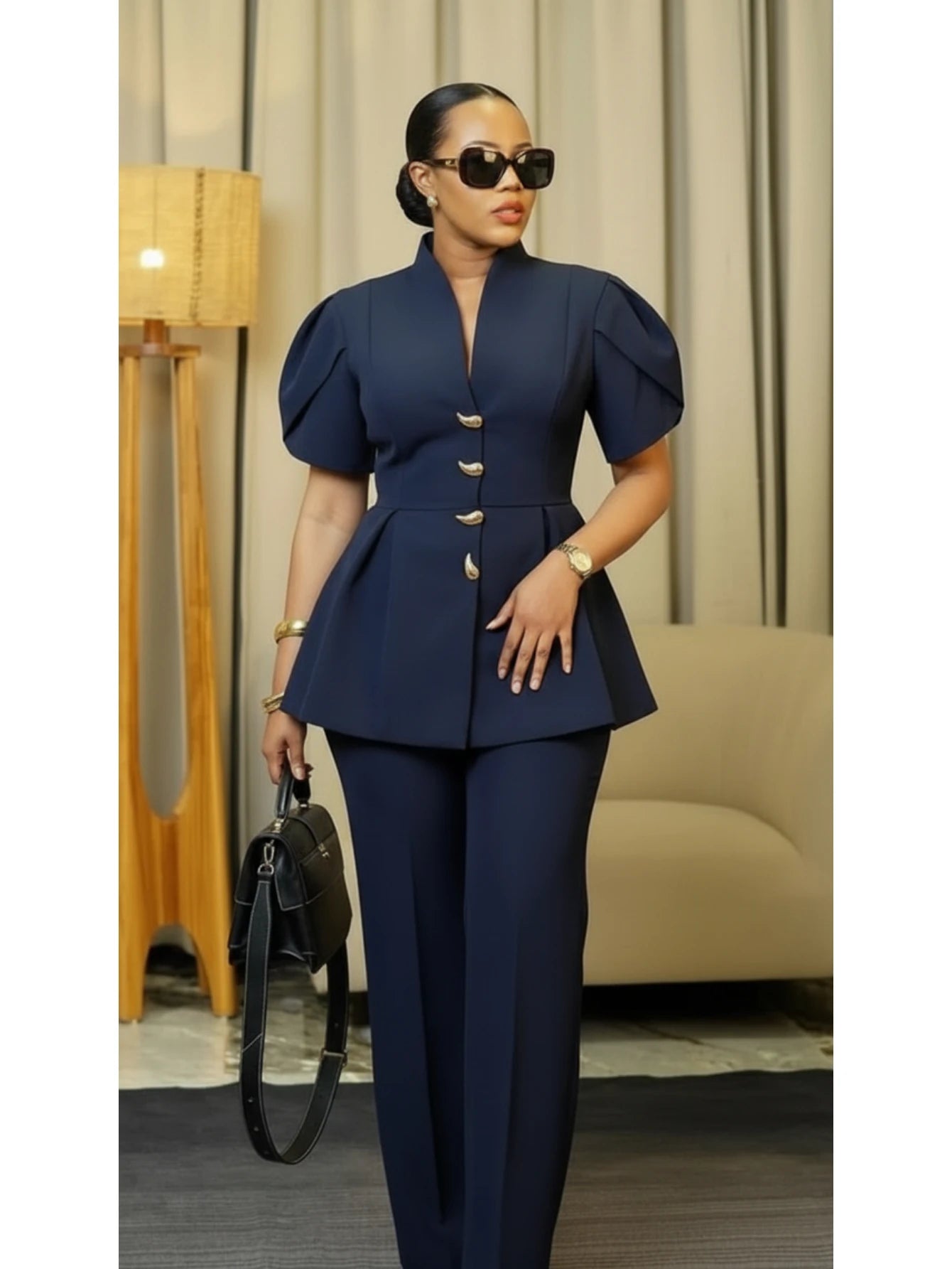 Blue Peplum Top Straight Leg Pants Set