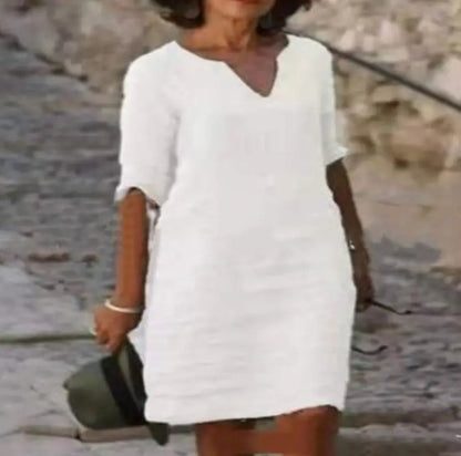 Casual Cotton Linen V-neck Ladies Dress, Party