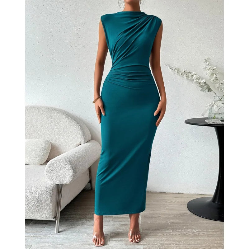 Womens Ruched Sleeveless Slit Bodycon Midi Dress