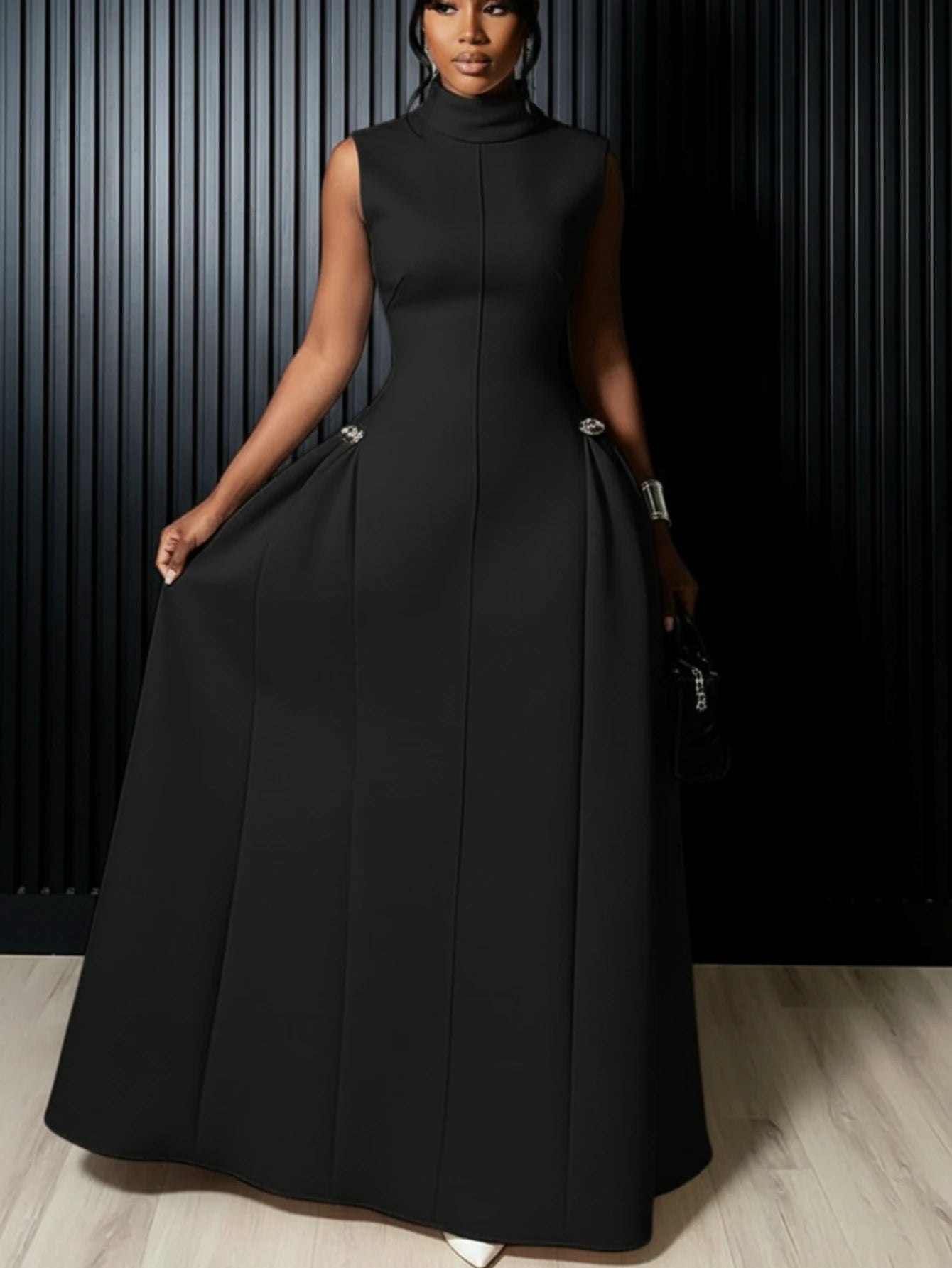 Red High Neck Flared Maxi Formal Dress