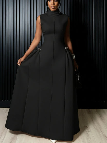 Red High Neck Flared Maxi Formal Dress