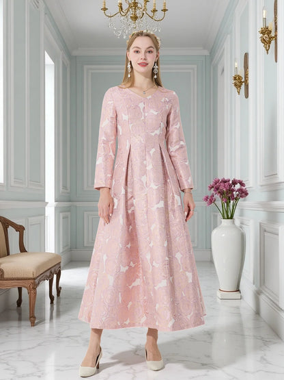Elegant Pink Rose-Pattern Design Long Sleeve Midi Dress