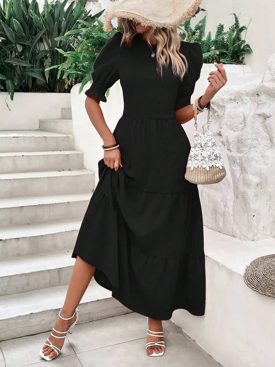 Olive Green Flowy Puff Sleeve Tiered Dress