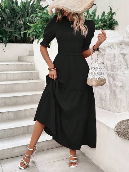Olive Green Flowy Puff Sleeve Tiered Dress