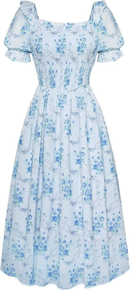Floral Puff Sleeve A-Line Summer Dress