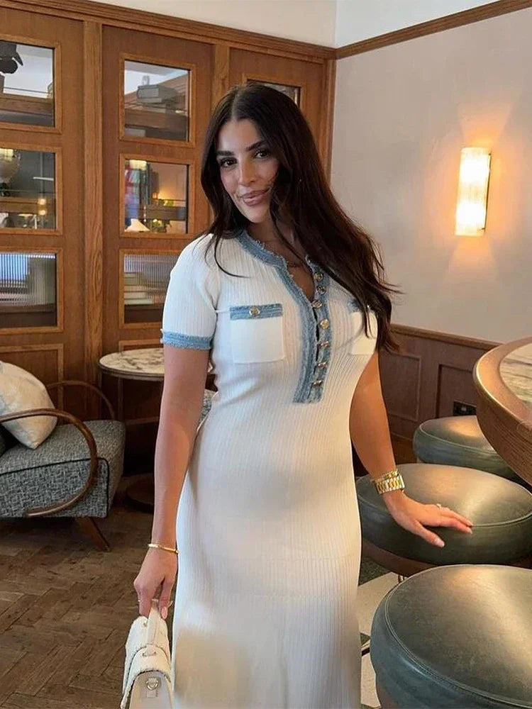 Elegant V-Neck Knitted Long Dress Office