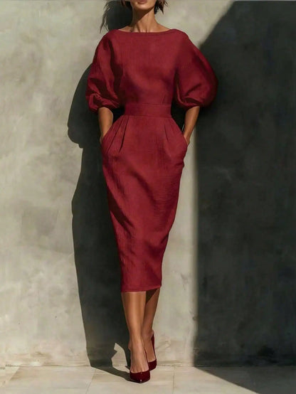 Elegant Red Midi Dress with Side Pockets