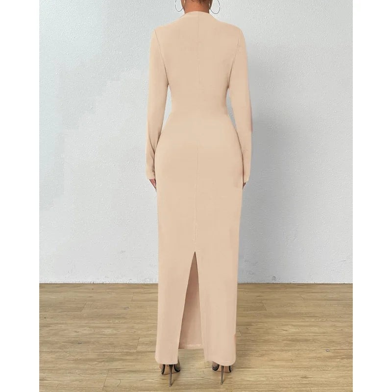 Elegant Ruched Long Sleeve Maxi Dress