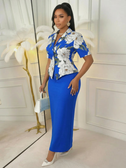 Blue Floral Print Blazer Skirt Set