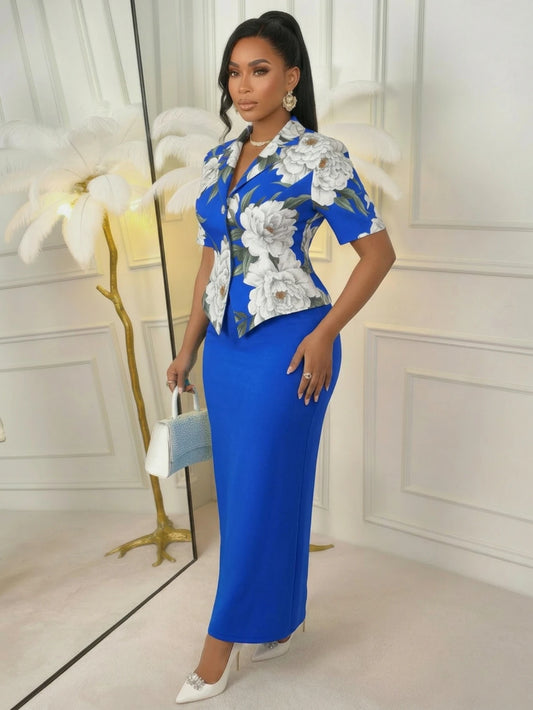 Blue Floral Print Blazer Skirt Set